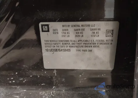 2016 Chevrolet Sonic Lt Auto из США, поврежденный, VIN 1G1JC5SB7G4158435